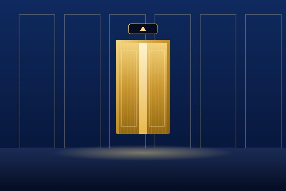Elegant elevator lobby with gold cabin doors